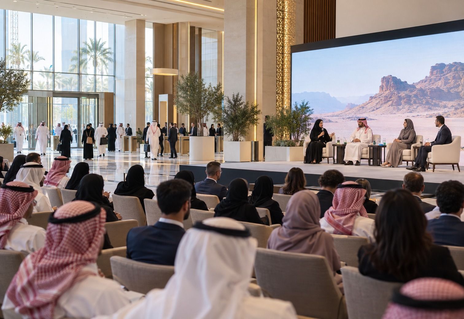 قاعة مؤتمر ممتلئة بالحضور أمام منصة المتحدثين وشاشة العرض الرئيسية